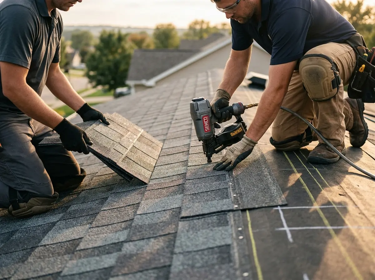 Professional roofer working on a residential roof in Gibsonville
